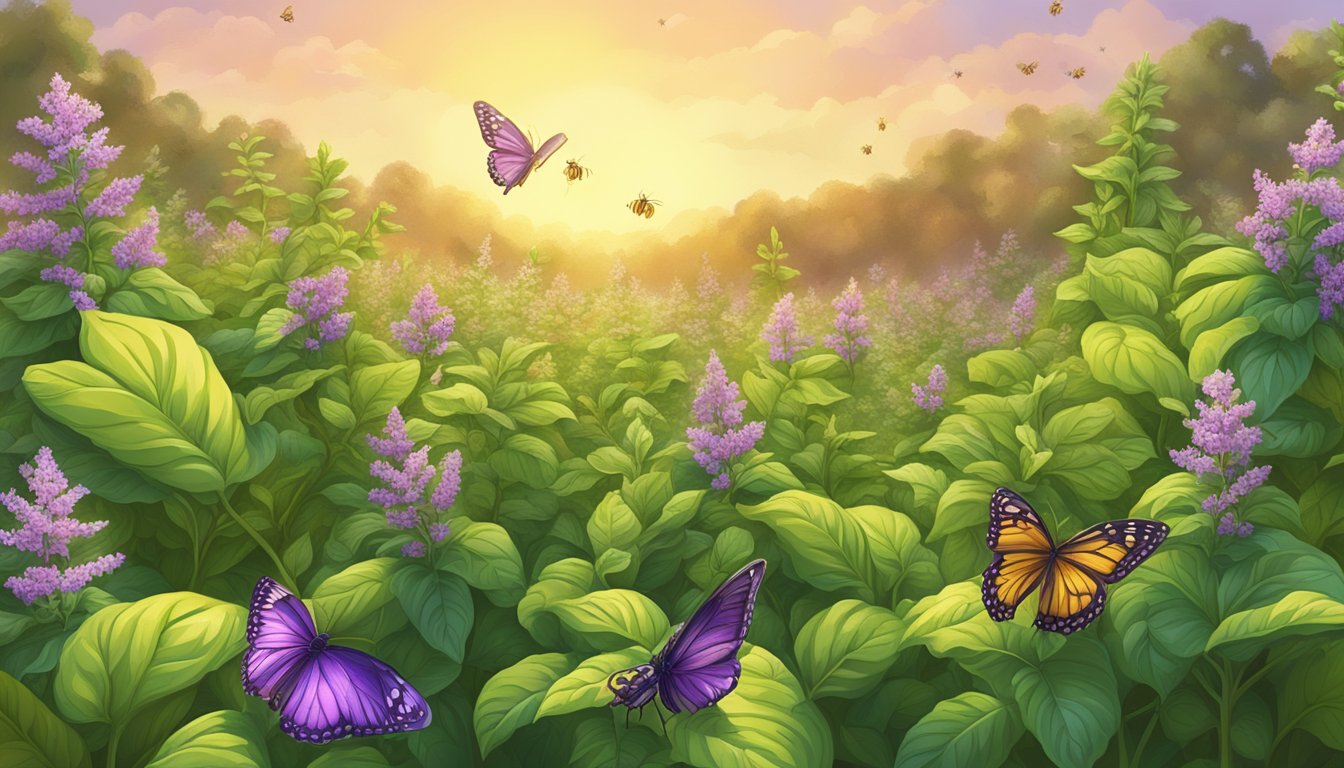 A lush field of tulsi holy basil plants, bathed in warm sunlight, surrounded by vibrant butterflies and buzzing bees