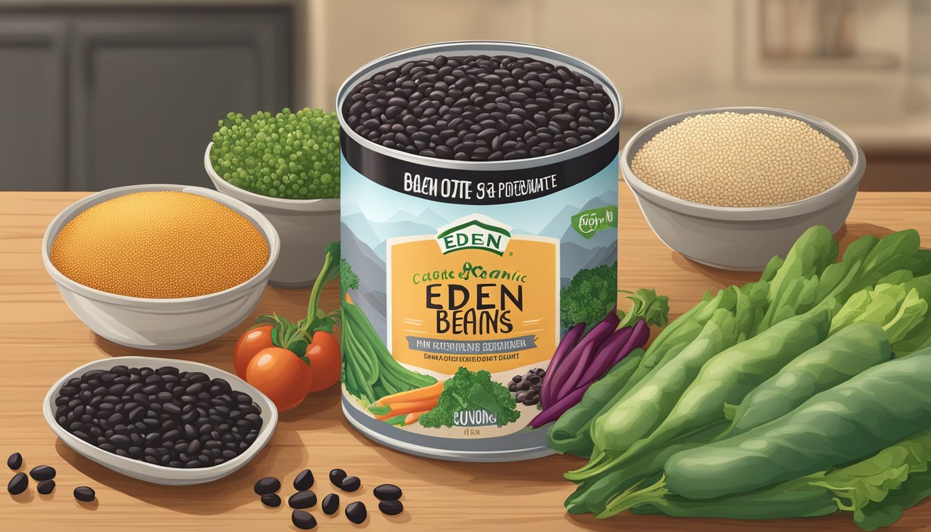 A can of Eden organic black beans sits on a wooden kitchen counter, surrounded by fresh vegetables and a bowl of quinoa