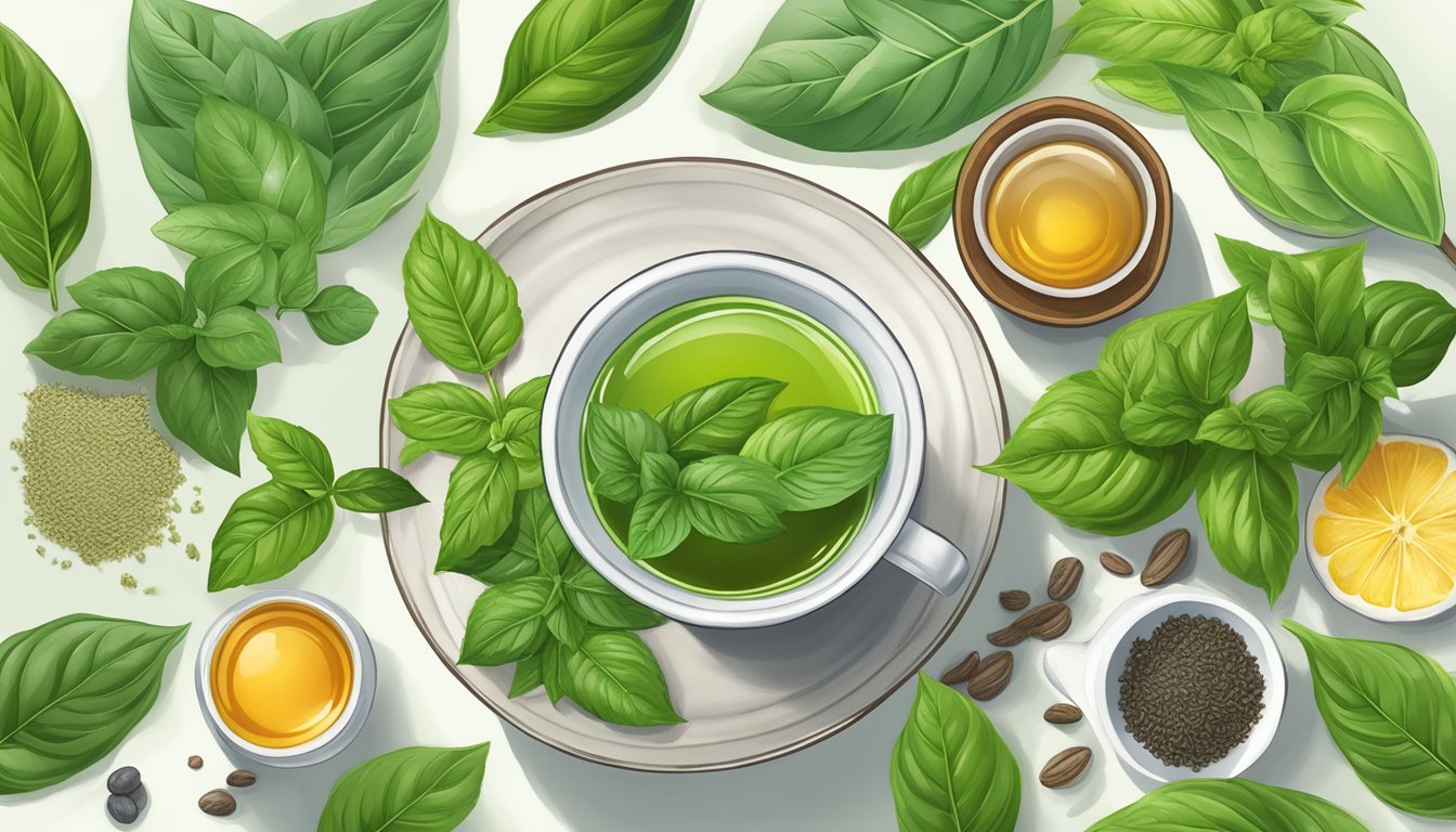 A steaming cup of organic India tulsi holy basil tea surrounded by fresh basil leaves and other natural ingredients