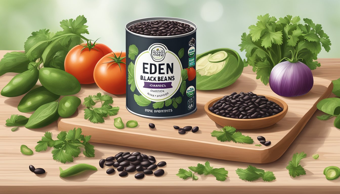 A can of Eden Organic black beans sits on a wooden cutting board, surrounded by fresh ingredients like tomatoes, onions, and cilantro