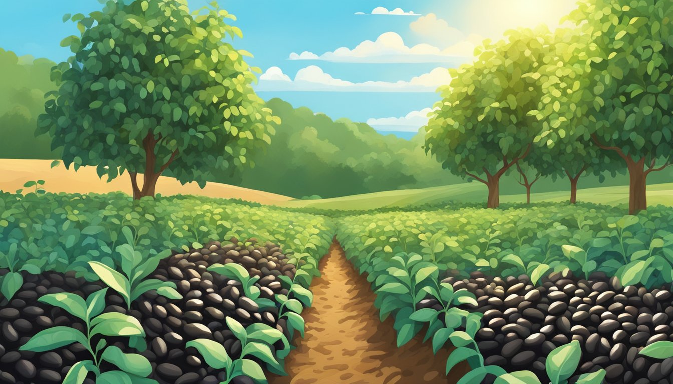 A lush, sun-drenched field of thriving black bean plants, surrounded by rich, fertile soil and clear blue skies