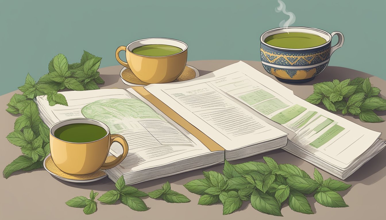 A table with various types of Tulsi leaves, a steaming cup of Organic India Tulsi Holy Basil tea, and a pile of informative pamphlets