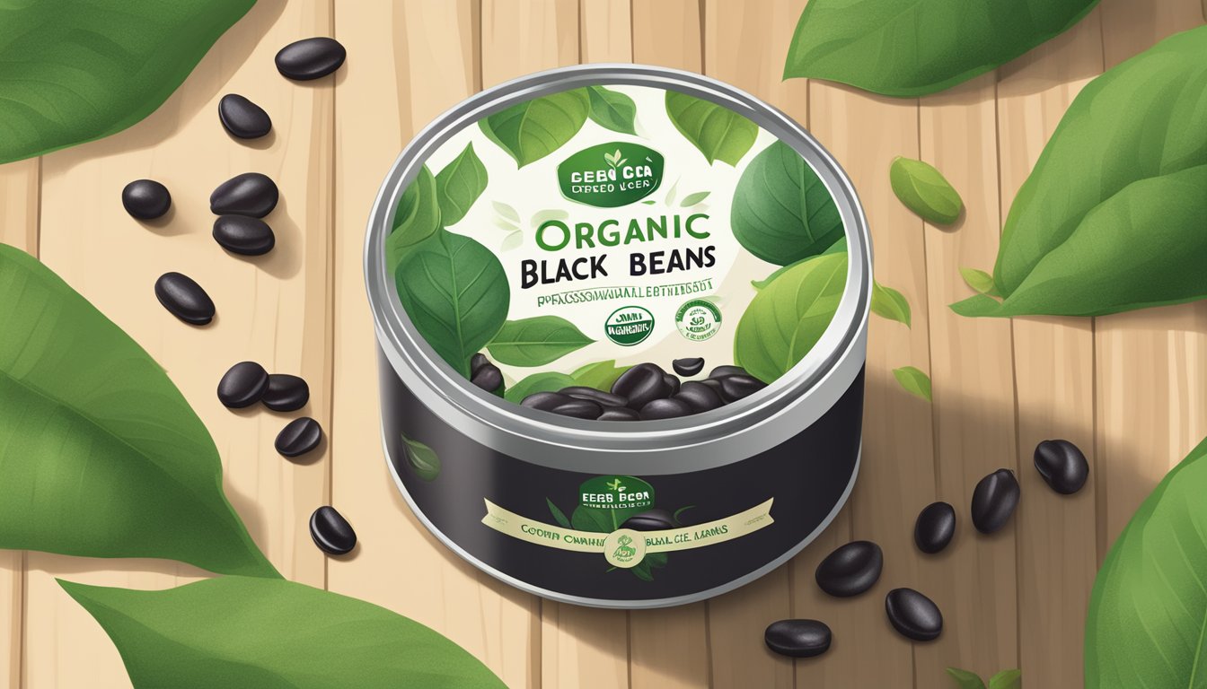 A can of Eden organic black beans sits on a wooden table surrounded by fresh green leaves and a compostable packaging material