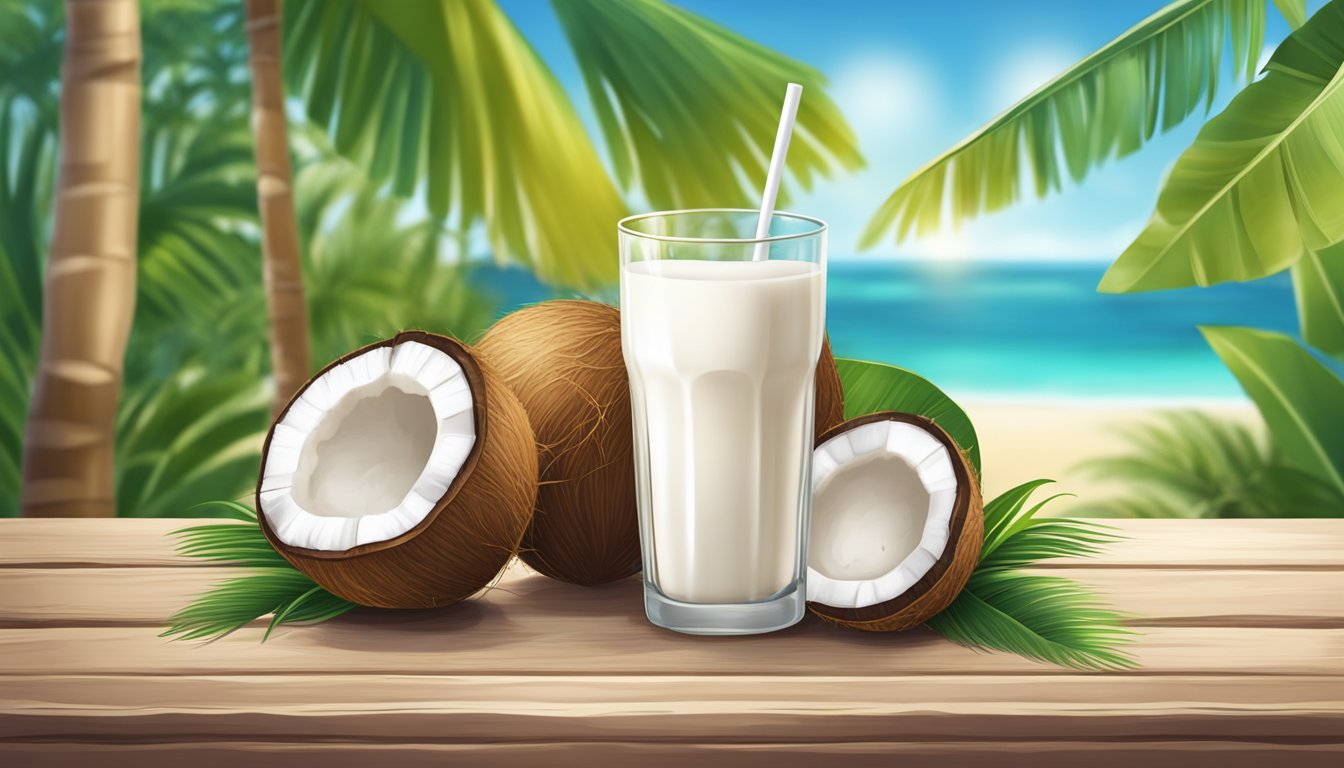 A tropical beach with a coconut tree, coconuts, and a glass of coconut milk on a wooden table