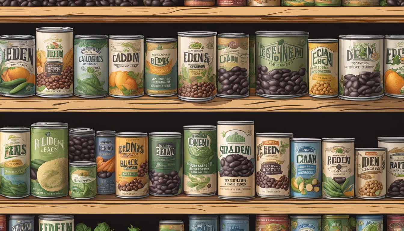 A can of Eden Organic black beans sits on a wooden shelf, surrounded by other canned goods