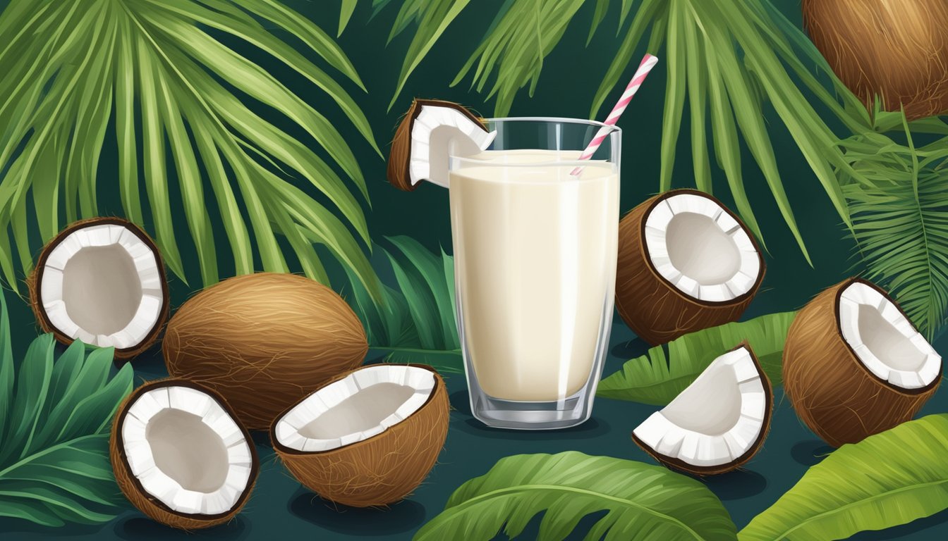 A glass filled with creamy coconut milk surrounded by fresh coconuts and tropical leaves