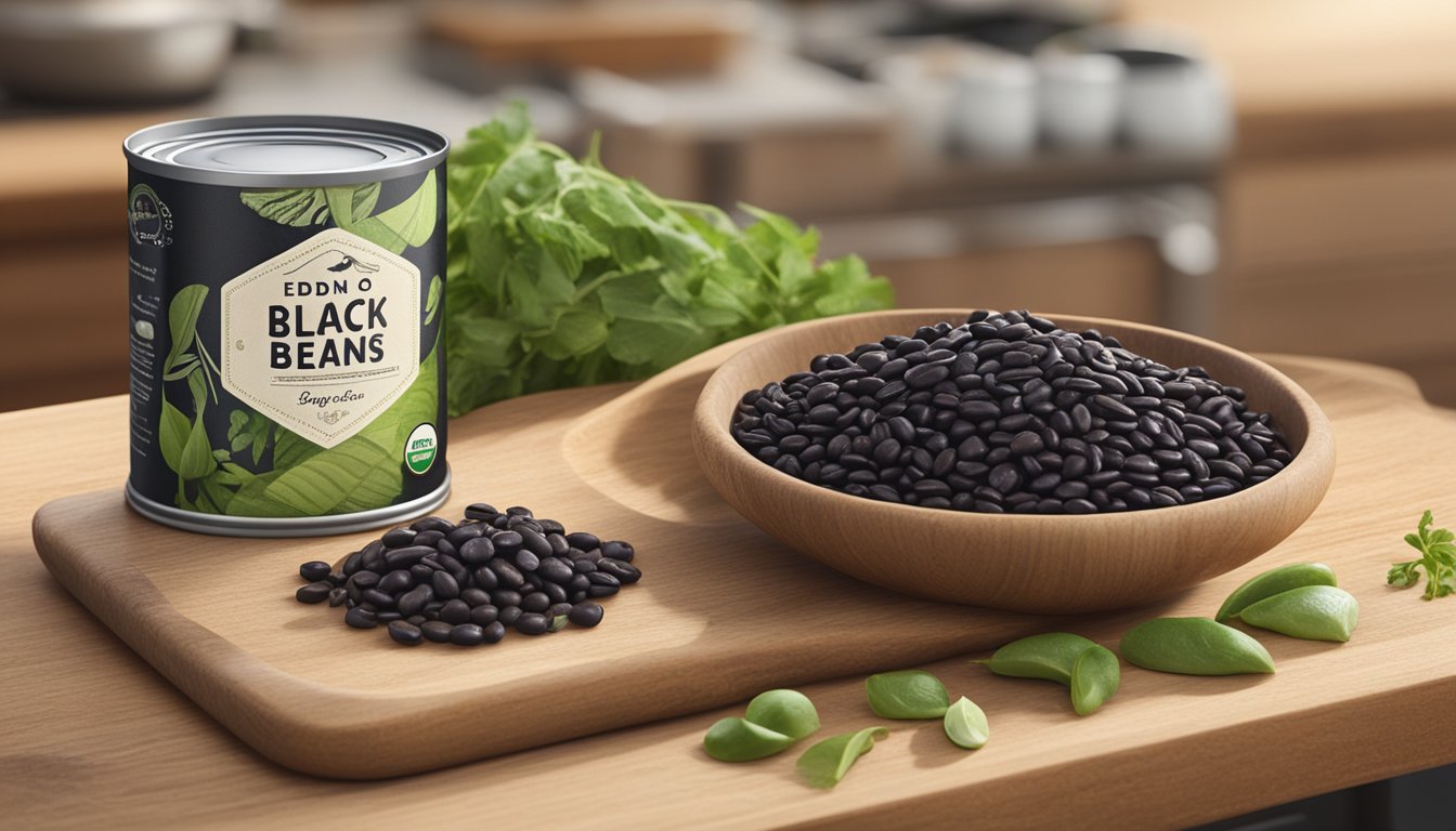 A can of Eden organic black beans sits on a wooden cutting board, surrounded by fresh ingredients and cooking utensils