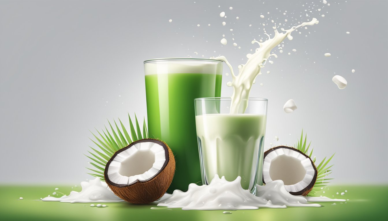 A glass of coconut milk with a vibrant green coconut and a splash of milk pouring into it from a carton