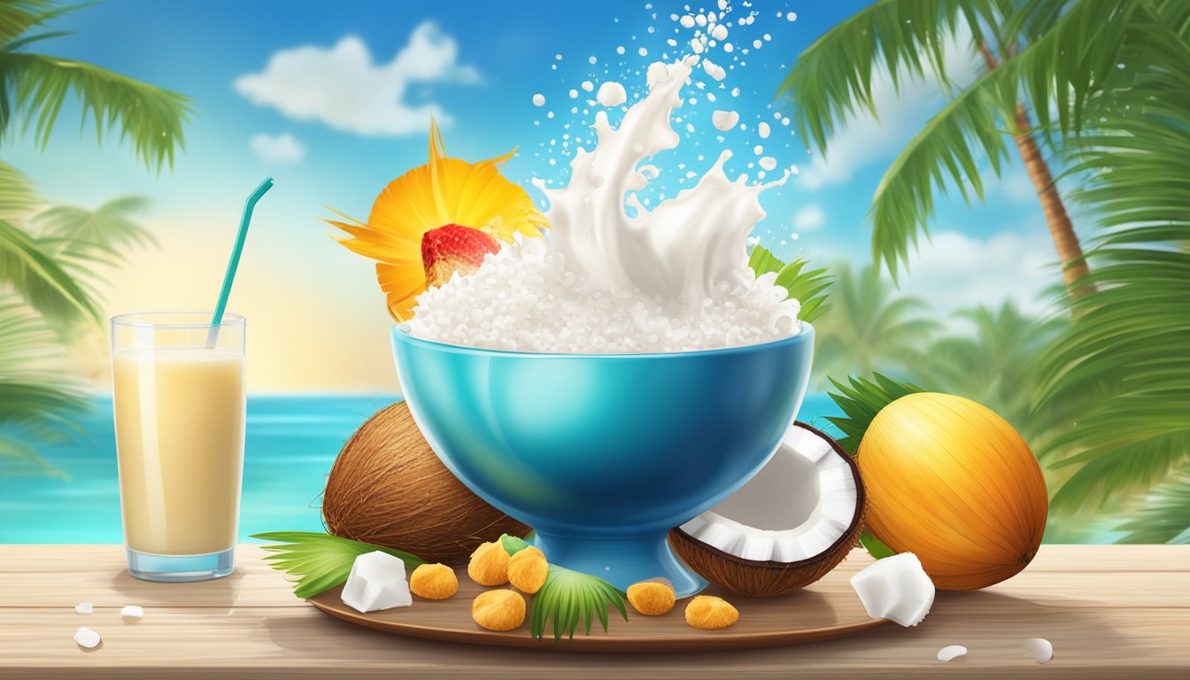 A glass of coconut milk with a splash falling into a bowl of cereal surrounded by tropical fruits and a coconut tree in the background