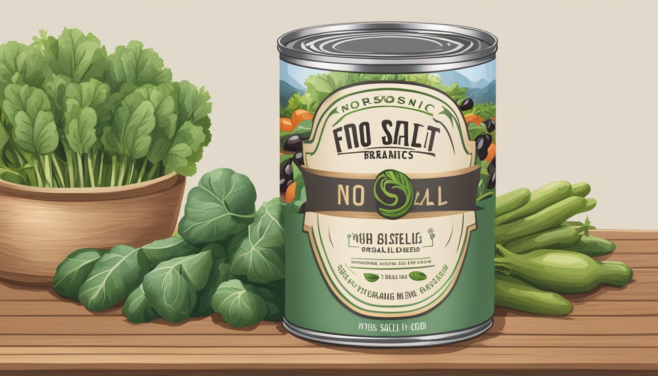 A can of Eden Organic black beans sits on a wooden tabletop, surrounded by fresh vegetables and herbs. The label prominently displays "No Salt Added."