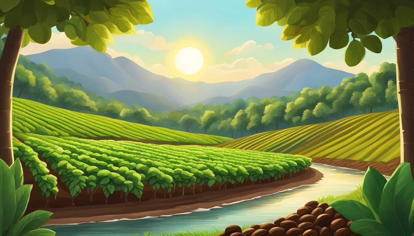 A lush cacao farm with vibrant green trees and ripe pods. A clear stream flows nearby, surrounded by rich, fertile soil. The sun shines down, casting a warm glow over the idyllic scene