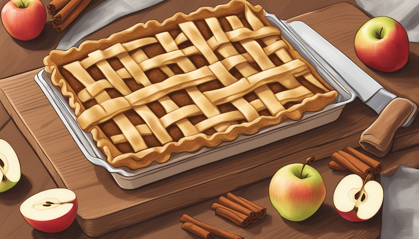 A Larabar gluten-free apple pie bar being unwrapped and placed on a wooden cutting board, surrounded by fresh apples and cinnamon sticks