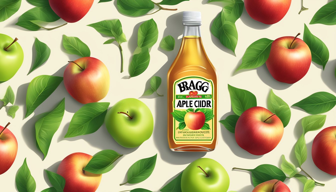 A glass bottle of Bragg organic raw unfiltered apple cider vinegar surrounded by fresh, ripe apples and a sprig of green apple leaves