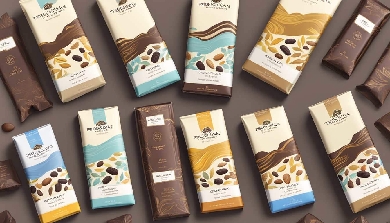 A table displaying various Theo Chocolate organic dark chocolate bars with different packaging and flavor variations