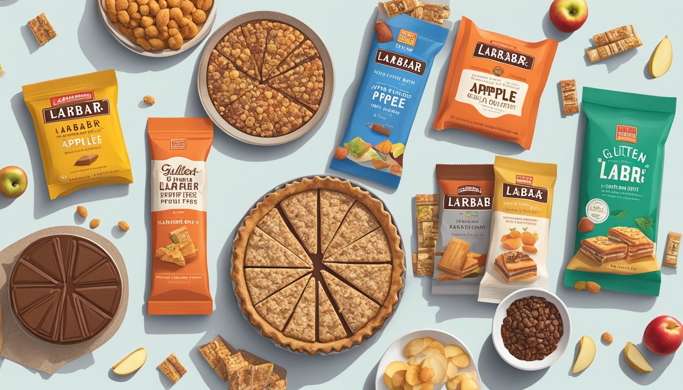 A table with a variety of Larabar gluten free bars, including the apple pie flavor, surrounded by other food items for comparison