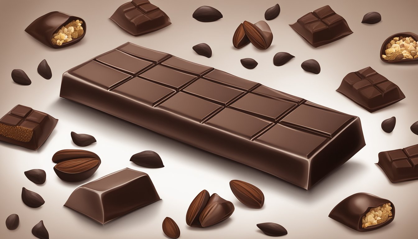 A dark chocolate bar with "Theo" branding surrounded by scattered organic cacao beans and a few pieces of broken chocolate