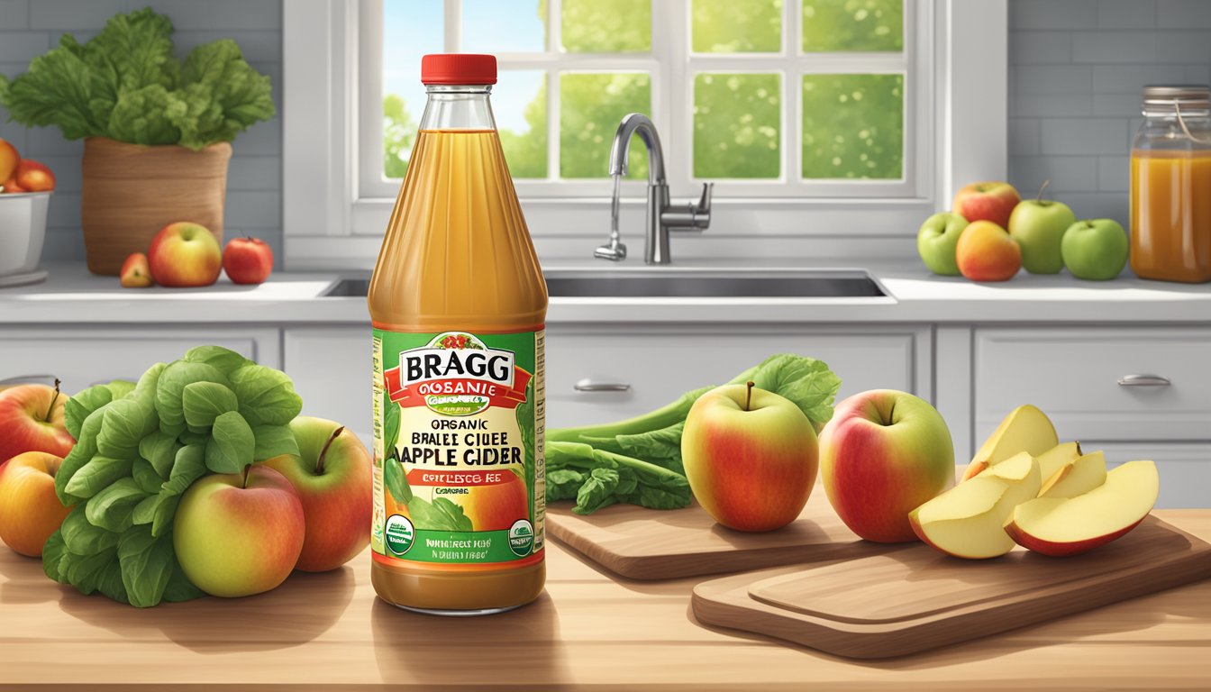 A bottle of Bragg organic raw unfiltered apple cider vinegar sits on a kitchen counter, surrounded by fresh fruits and vegetables