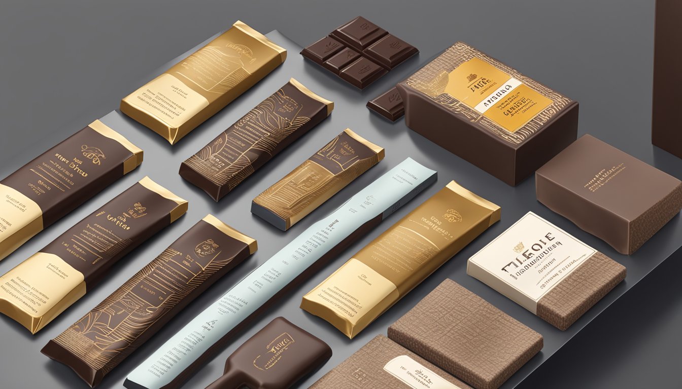 A table with various dark chocolate bars, including Theo Chocolate, surrounded by tasting notes and packaging