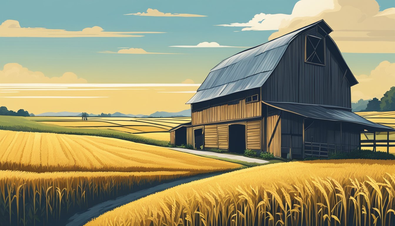 A serene farm landscape with golden fields of rice, a rustic barn, and a clear blue sky