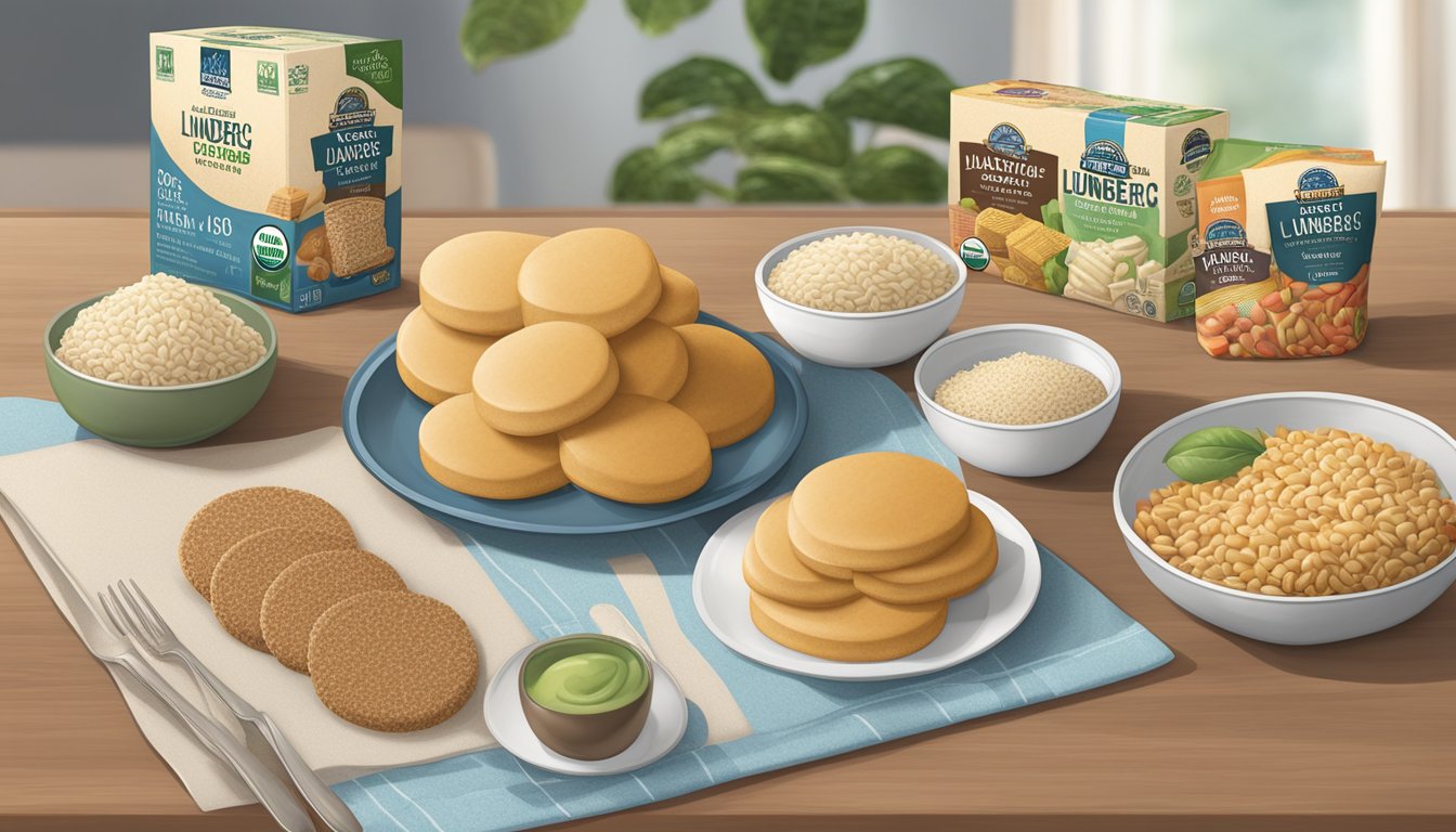 A table set with a variety of whole foods and a package of Lundberg Organic Thin Stackers Brown Rice Cakes