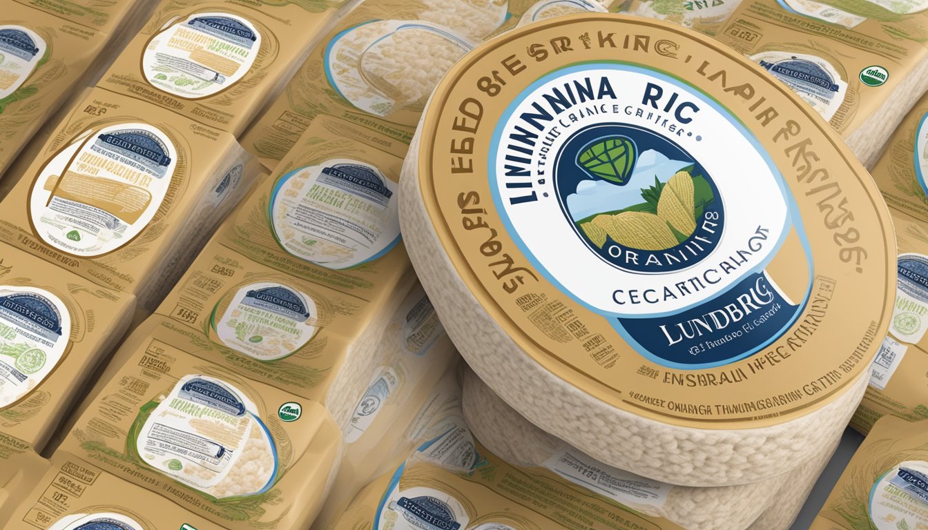 A stack of Lundberg organic thin brown rice cakes with health certifications displayed on the packaging