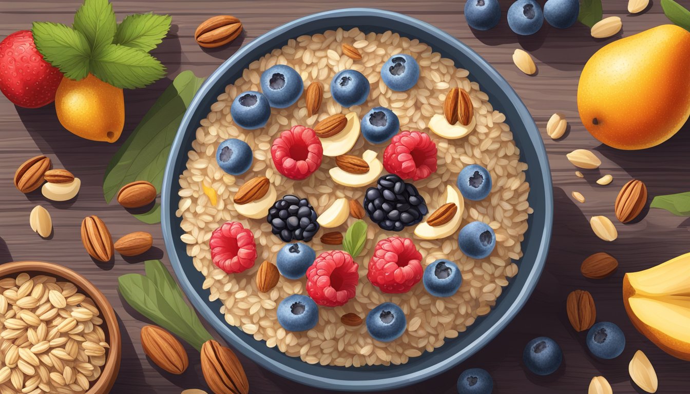 A bowl of bobs red mill organic steel cut oats surrounded by fresh fruits and nuts on a wooden table