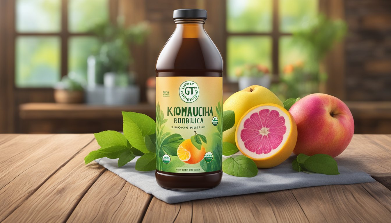 A glass bottle of GT's Living Foods organic kombucha trilogy sits on a rustic wooden table, surrounded by fresh fruits and vibrant greenery