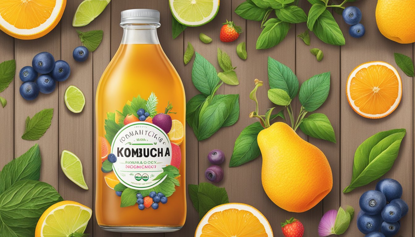 A glass bottle of Organic Kombucha Trilogy sits on a wooden table, surrounded by vibrant fruits and herbs. The bottle is adorned with a label featuring the brand's logo and a colorful illustration