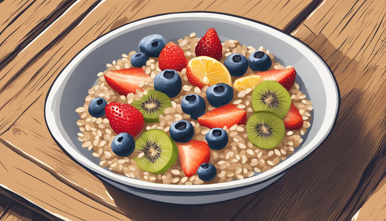 A bowl of cooked bobs red mill organic steel cut oats with fresh fruit and a drizzle of honey on a wooden table