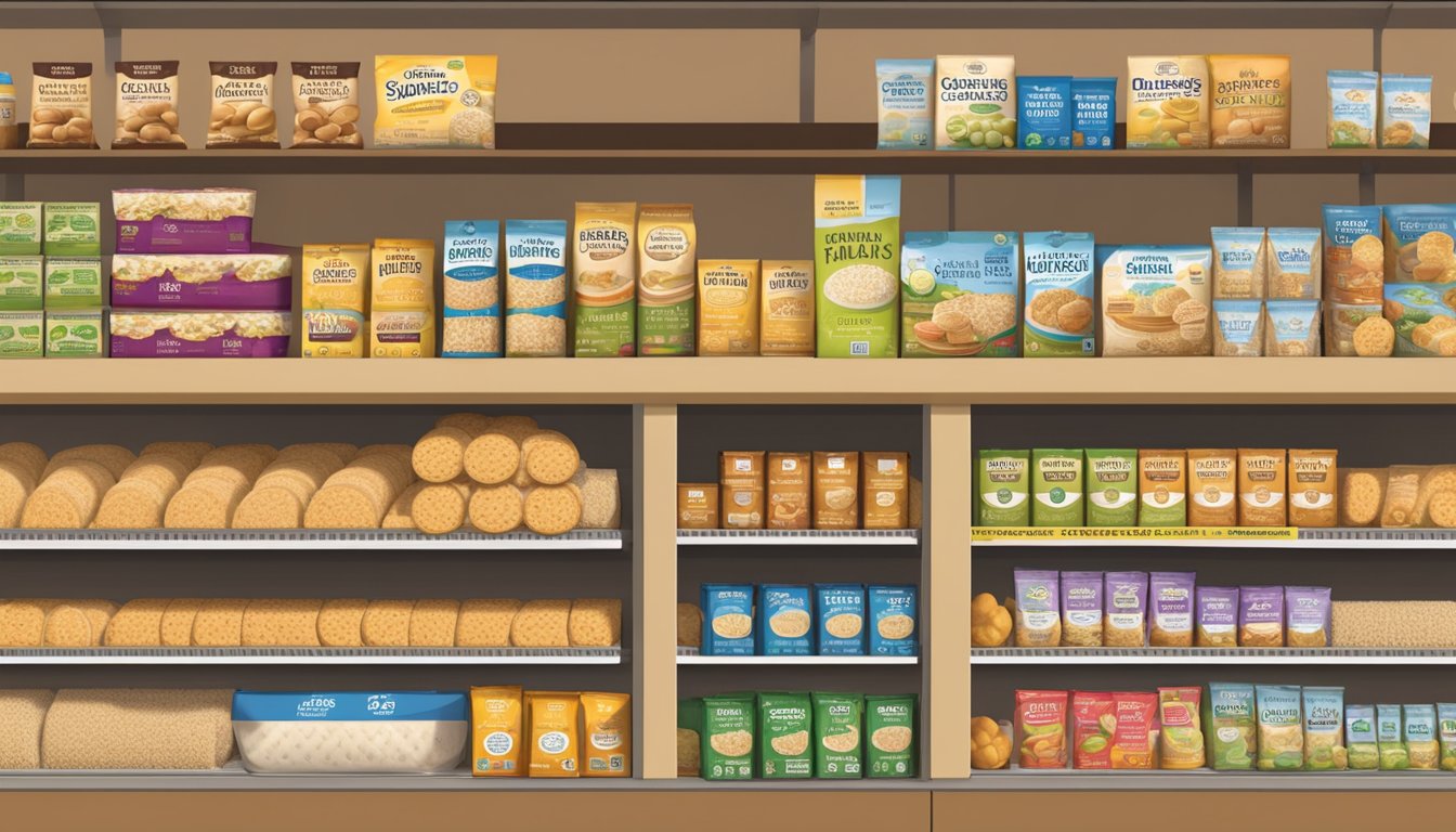 A shelf stocked with Lundberg organic thin stackers brown rice cakes in a grocery store aisle