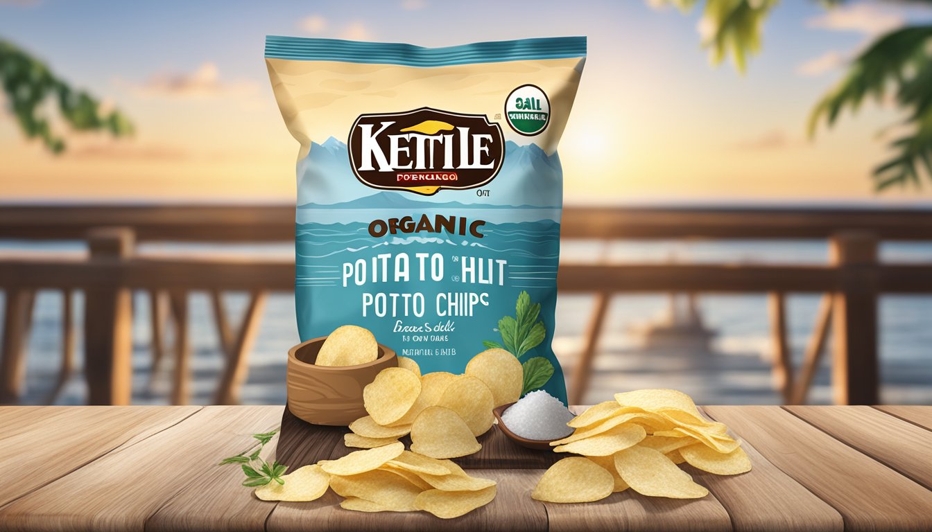 A bag of Kettle Brand organic potato chips sits on a wooden table, with sea salt crystals sprinkled around it