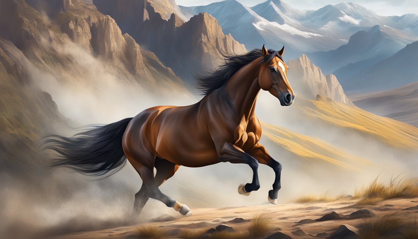 A majestic horse galloping through a rugged mountain landscape, with a bold and powerful presence