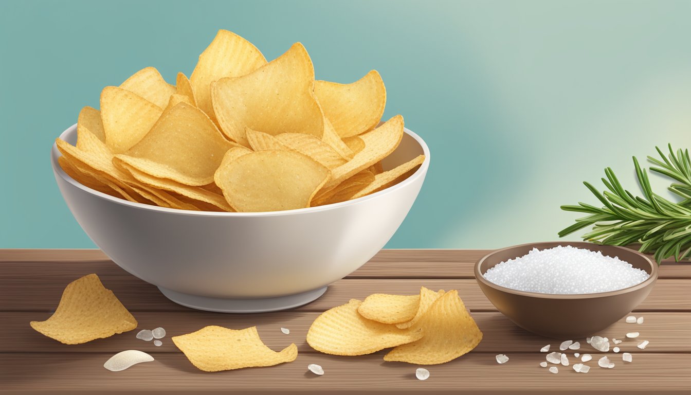 A bowl of Health and Nutrition kettle brand organic potato chips with sea salt on a wooden table next to a sprig of rosemary