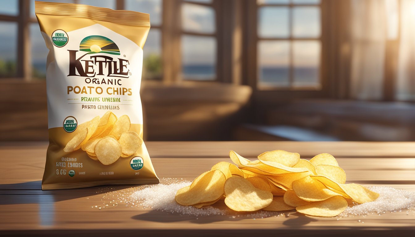 A bag of kettle brand organic potato chips sits on a wooden table, surrounded by scattered sea salt crystals. Sunlight streams through a nearby window, casting a warm glow on the scene