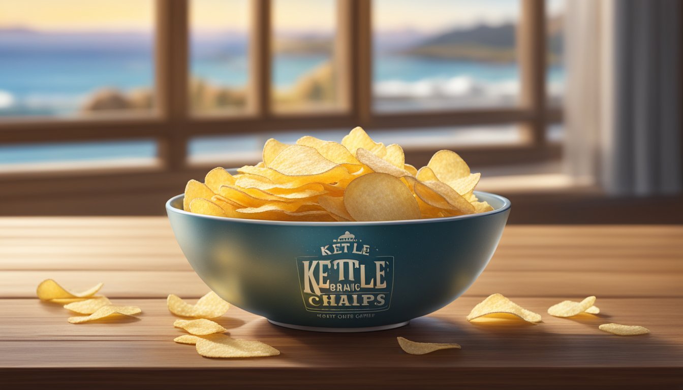 A bowl of Kettle Brand organic potato chips sits on a wooden table, with a scattering of sea salt crystals and a few chips spilling out. The light from a nearby window highlights the texture of the chips