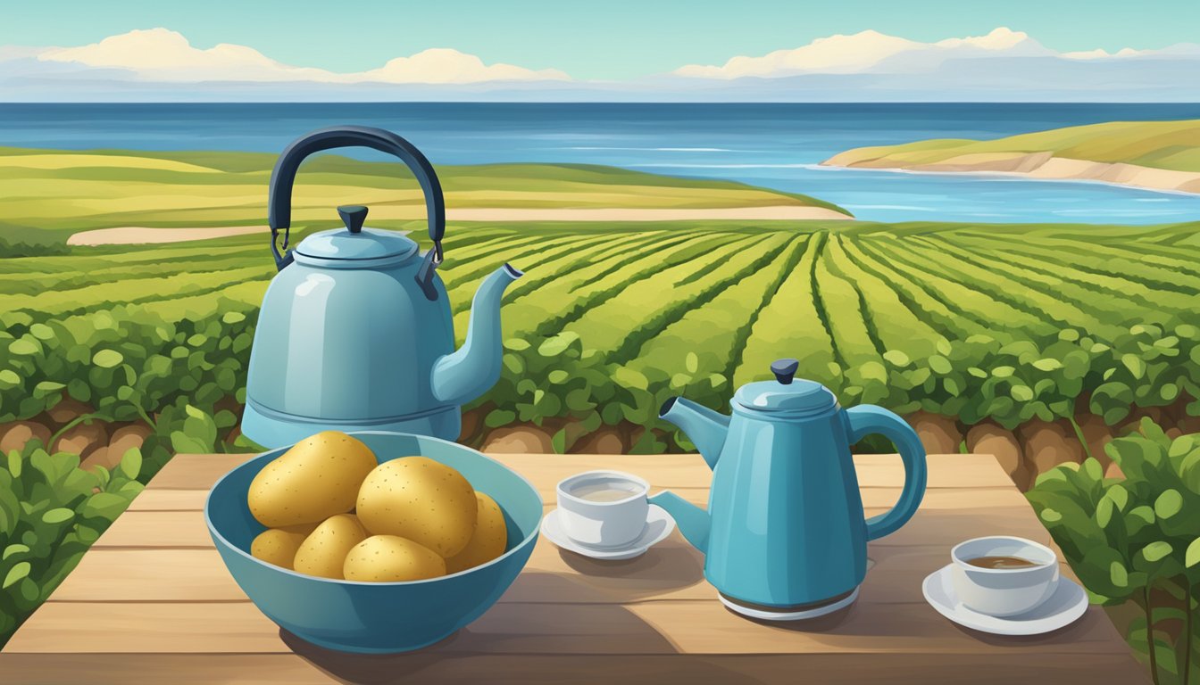 A serene coastal landscape with a potato field, a kettle, and a saltwater sea