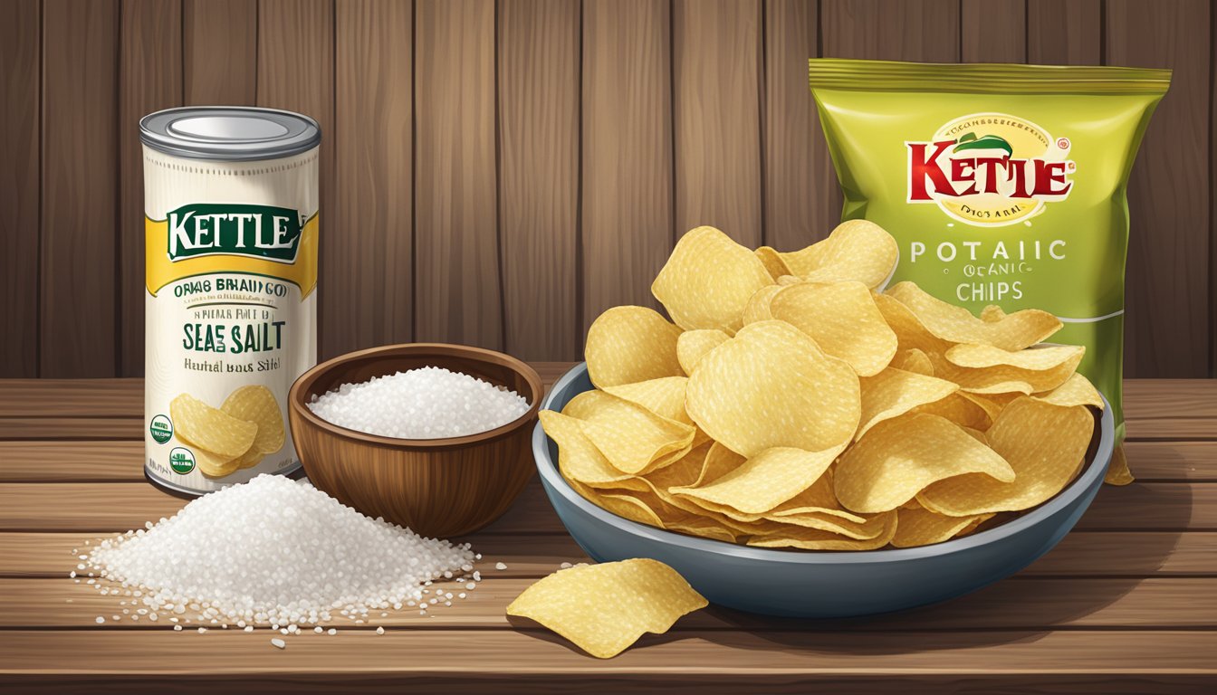 A bag of kettle brand organic potato chips with sea salt on a wooden table with a bowl of sea salt beside it