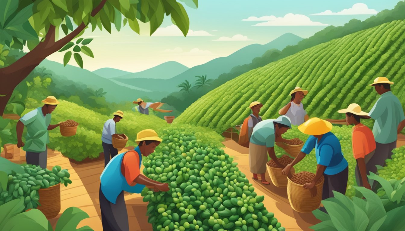 A vibrant coffee farm with lush greenery, workers harvesting beans, and a bustling fair trade market