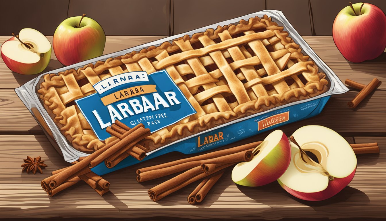 A Larabar gluten-free apple pie snack bar surrounded by fresh apples and cinnamon sticks on a rustic wooden table