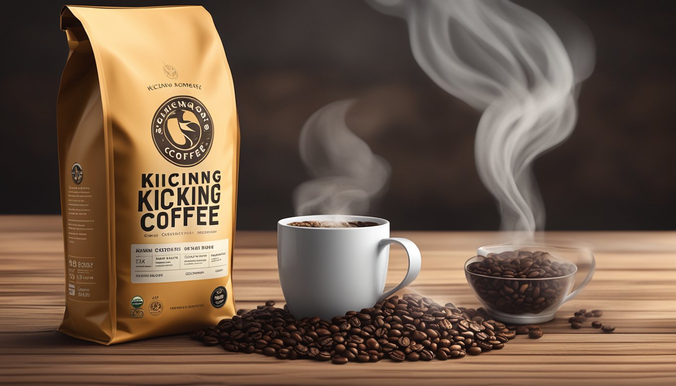 A bag of Kicking Horse Coffee sits on a rustic wooden table, surrounded by scattered coffee beans and a steaming mug