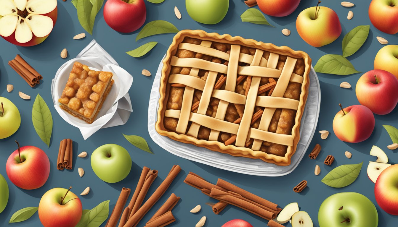 A Larabar gluten-free apple pie snack bar surrounded by fresh apples and cinnamon sticks