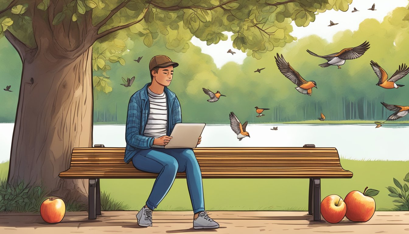 A person sitting on a park bench, surrounded by trees and birds, enjoying a gluten-free apple pie Larabar snack