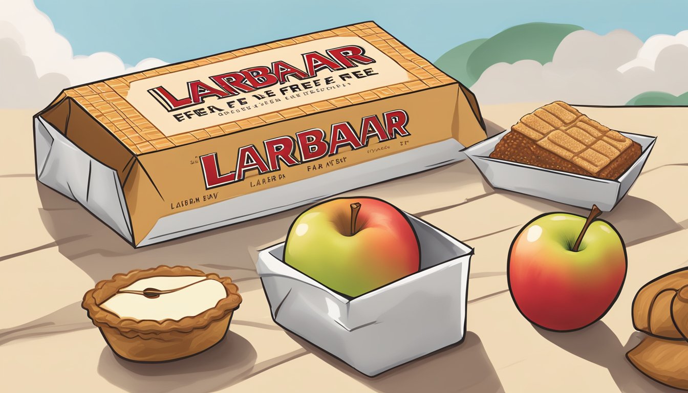 A larabar gluten-free bar surrounded by fresh apples and a warm apple pie, highlighting its wholesome ingredients and natural flavors