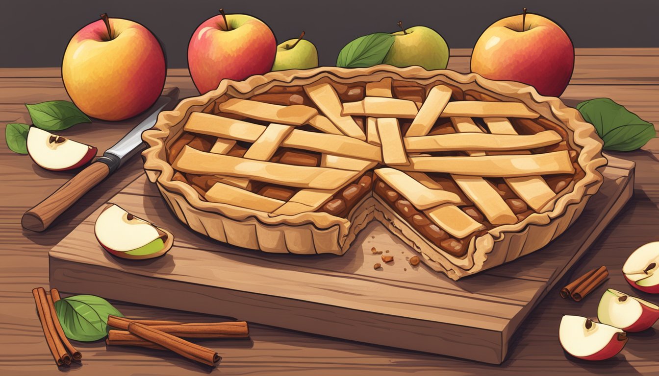 An open apple pie Larabar sits on a wooden cutting board, surrounded by fresh apples and cinnamon sticks