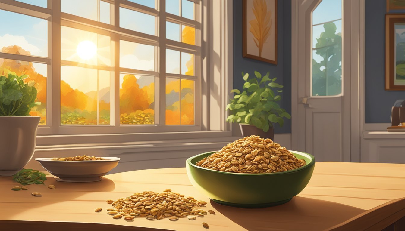 A bowl of Nature's Path Organic Flax Plus Pumpkin Granola sits on a wooden table, surrounded by scattered flaxseeds and pumpkin seeds. Sunlight streams in through a nearby window, casting a warm glow on the scene