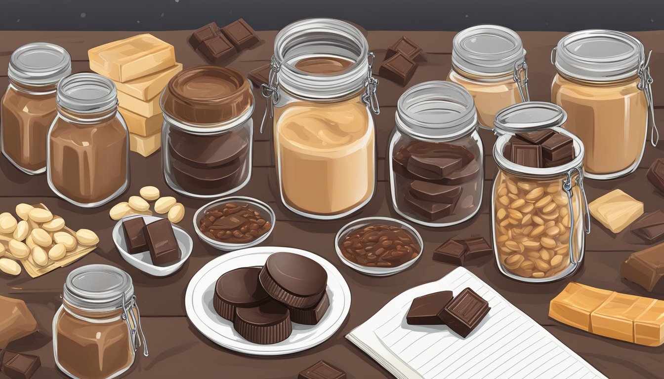 A table filled with open jars of organic dark chocolate and peanut butter, surrounded by scattered ingredient labels and a notebook with detailed analysis