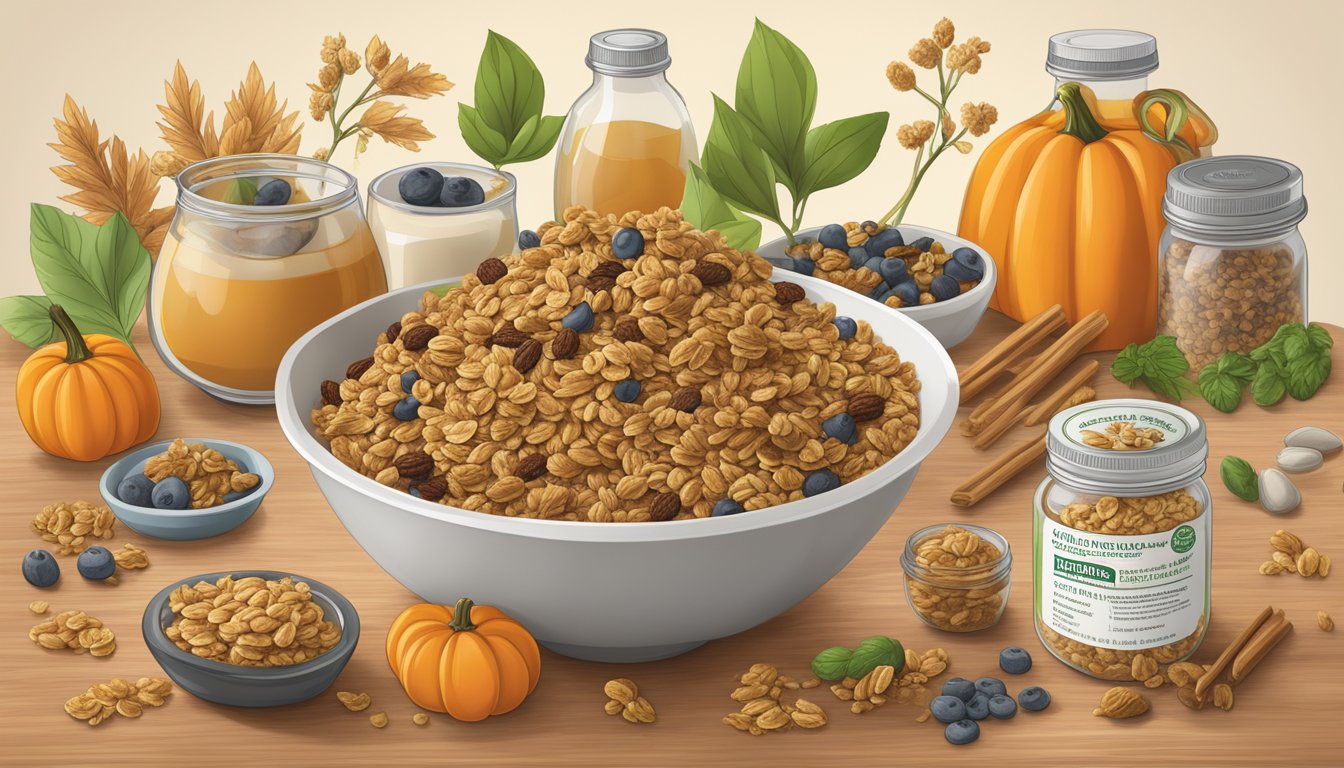 A bowl of Natures Path Organic Flax Plus Pumpkin Granola with various allergen symbols and dietary considerations displayed around it