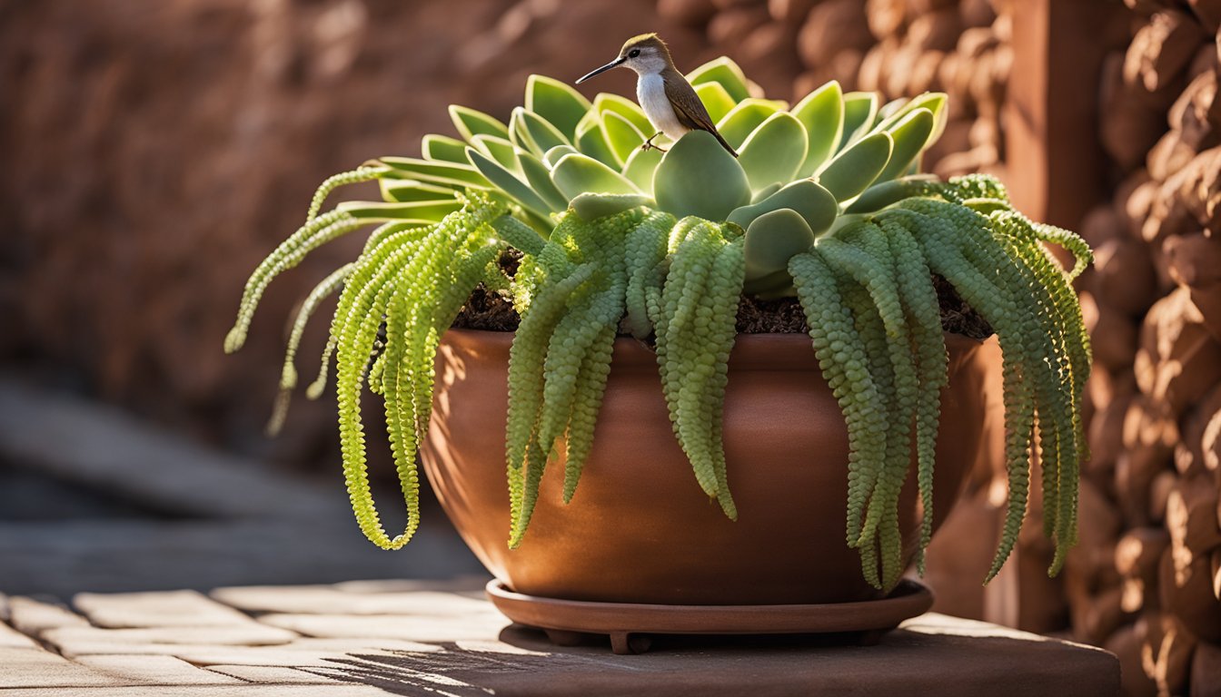 The sun-kissed stone wall showcases a lush Burro's Tail succulent cascading from an aged copper planter, with a terracotta pot below. Afternoon light creates striking shadows, and a small hummingbird feeder adds scale