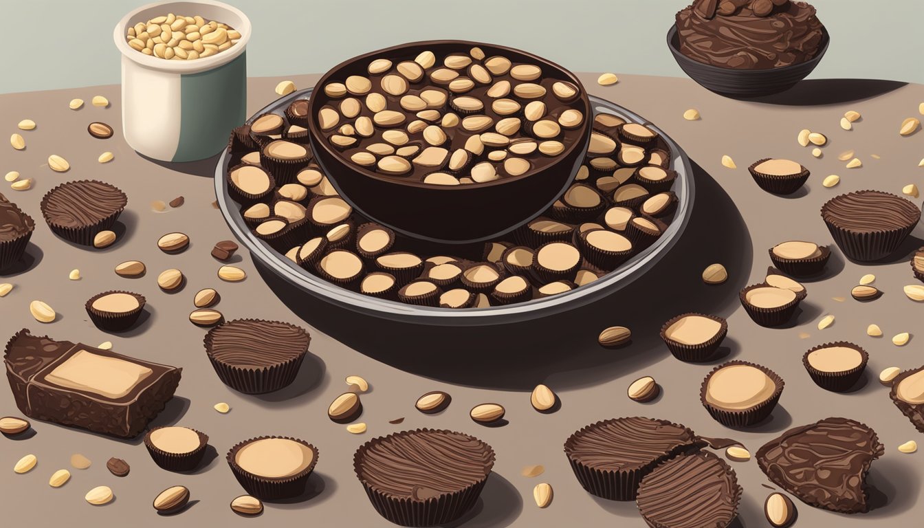 A table with a plate of Justin's organic dark chocolate peanut butter cups, surrounded by scattered peanuts and cocoa beans