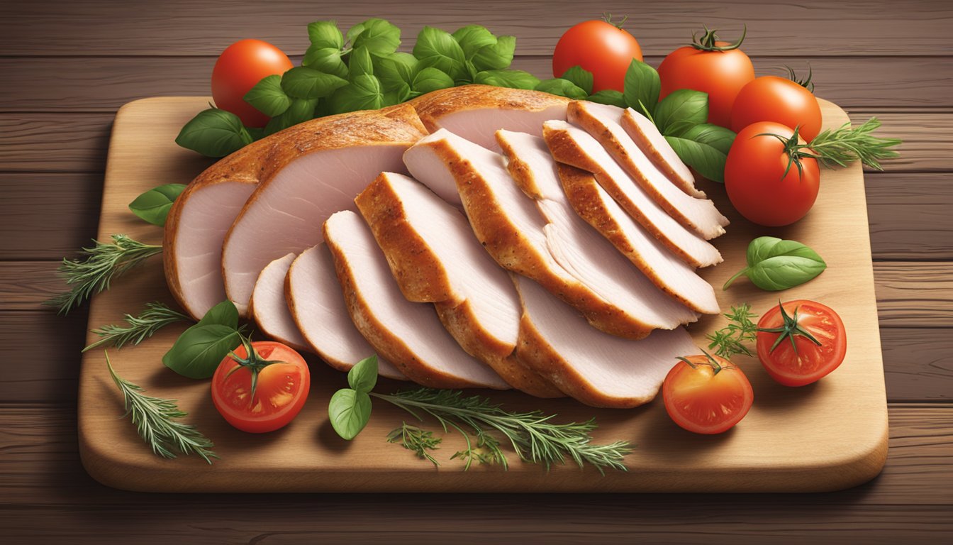 A platter of Organic Prairie hardwood smoked turkey breast, surrounded by fresh herbs and sliced tomatoes, sits on a rustic wooden table